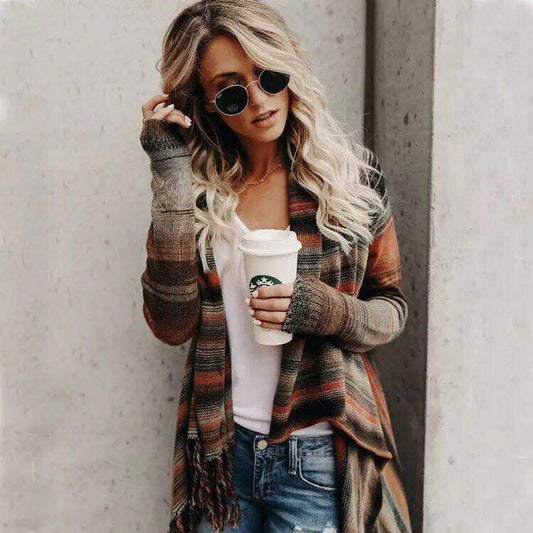 Chiara – Mid-Length Striped Fringe Sweater for Fall and Winter - Jack Sydney
