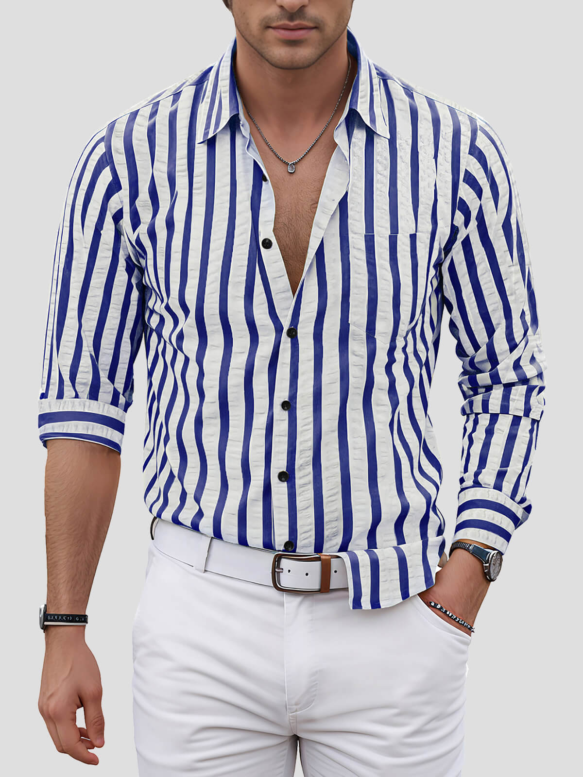 Ethan – Men's Breathable Striped Pocket Casual Button-Up Shirt