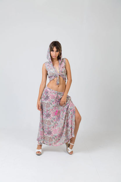 BOHO LUNA MÍSTICA – Women's Hooded Wrap Skirt & Top Set (Silk-Feel Polyester, One Size–XXL)